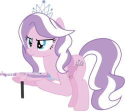 Size: 553x490 | Tagged: safe, artist:stu-artmcmoy17, diamond tiara, g4, alternate hairstyle, anatomically incorrect, female, frown, glare, gun, holster, hoof hold, incorrect leg anatomy, mp40, older, older diamond tiara, simple background, solo, transparent background, walther p38, weapon