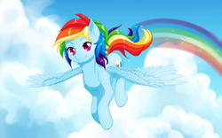 Size: 1920x1200 | Tagged: safe, artist:dstears, rainbow dash, g4, cloud, female, flying, looking at you, rainbow, smiling, solo, sparkles, spread wings