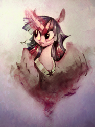 Size: 2227x3001 | Tagged: safe, artist:locksto, edit, twilight sparkle, alicorn, pony, g4, alternate hairstyle, beautiful, big eyes, color correction, determined, female, floppy ears, frown, high res, large wings, mare, regalia, royalty, solo, traditional art, twilight sparkle (alicorn), watercolor painting