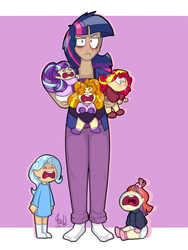 Size: 3000x3990 | Tagged: safe, artist:cheerfulcolors, adagio dazzle, moondancer, starlight glimmer, sunset shimmer, trixie, twilight sparkle, human, g4, age regression, baby, baby trixie, babylight glimmer, babyset shimmer, clothes, counterparts, crying, dark skin, diaper, drool, eyes closed, high res, humanized, magical quintet, mama twilight, socks, twilight's counterparts, younger