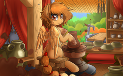 Size: 2520x1575 | Tagged: safe, artist:malifikyse, oc, oc only, oc:lux, pegasus, pony, artist, clay, looking at you, looking back, pottery, pottery wheel, sculpting, sculptor, sitting, solo
