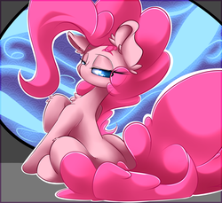 Size: 3000x2750 | Tagged: safe, artist:madacon, pinkie pie, earth pony, pony, g4, big ears, female, high res, long mane, long tail, looking back, mare, raised hoof, solo