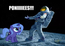 Size: 677x486 | Tagged: safe, artist:alan bean, artist:gordontheonefreemane, edit, princess luna, alicorn, human, pony, g4, astronaut, filly, image macro, luna and the nauts, meme, moon, space, spacesuit, story in the comments, text, woona
