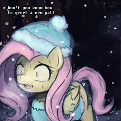 Size: 750x750 | Tagged: safe, artist:lumineko, fluttershy, g4, 30 minute art challenge, clothes, cold, crossover, female, hat, sans (undertale), snow, snowfall, solo, this will end in getting dunked on, undertale, winter