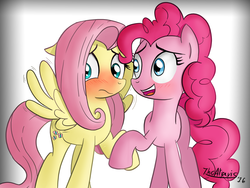 Size: 1280x960 | Tagged: safe, artist:thealjavis, fluttershy, pinkie pie, g4, blushing, female, holding hooves, lesbian, ship:flutterpie, shipping