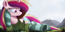 Size: 2500x1243 | Tagged: safe, artist:ncmares, prince rutherford, princess cadance, ork, pony, yak, g4, ask, big-pon, bored, clothes, giant pony, giantess, hoodie, macro, mega cadance, socks, solo focus, spear, story included, striped socks, thigh highs, tumblr, underhoof, waaagh!, warhammer (game), warhammer 40k, weapon