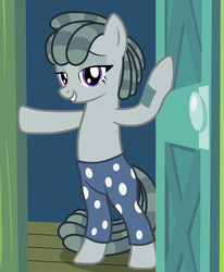 Size: 1862x2265 | Tagged: safe, artist:badumsquish, derpibooru exclusive, marble pie, smarty pants, earth pony, pony, g4, bedroom, bedroom eyes, bipedal, clothes, cosplay, costume, door, doorway, female, grin, implied big macintosh, implied marblemac, looking at you, shipping, smartymac, smiling, smiling at you, solo, straight