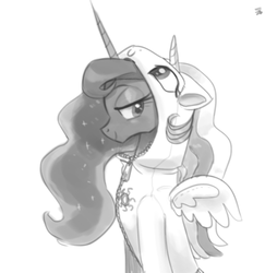Size: 530x546 | Tagged: safe, artist:ehfa, princess luna, alicorn, pony, g4, bedroom eyes, c:, clothes, female, grayscale, hood, hoodie, looking back, mare, monochrome, simple background, solo, white background