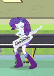 Size: 238x337 | Tagged: safe, screencap, rarity, equestria girls, g4, my little pony equestria girls: rainbow rocks, animated, barrette, bracelet, clothes, cutie mark on clothes, dancity, eyeshadow, female, jewelry, keytar, makeup, musical instrument, shirt, shoes, skirt, solo, spinning, you spin me right round