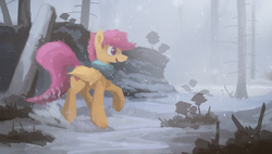 Size: 2768x1567 | Tagged: safe, artist:fuzzyfox11, scootaloo, g4, clothes, cutie mark, female, forest, outdoors, scarf, snow, snowfall, solo, the cmc's cutie marks