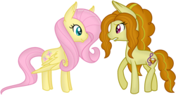 Size: 1600x862 | Tagged: safe, artist:bluefiames, adagio dazzle, fluttershy, earth pony, pegasus, pony, equestria girls, g4, duo, duo female, earth pony adagio dazzle, equestria girls ponified, eye contact, fangs, female, flutterdagio, lesbian, looking at each other, ponified, raised hoof, shipping, simple background, smiling, standing, transparent background, wingding eyes