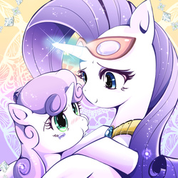 Size: 2000x2000 | Tagged: safe, artist:mr.sugar, rarity, sweetie belle, g4, beautiful, crying, cute, diasweetes, glasses, glowing horn, high res, horn, pixiv, pouting, puffy cheeks, raribetes, rarity's glasses, sisters, teary eyes