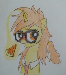 Size: 719x817 | Tagged: safe, artist:traiden, oc, oc only, oc:crust raychell, pizza pony, food, glasses, pizza