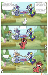 Size: 1300x2000 | Tagged: safe, artist:smudge proof, hoity toity, rarity, oc, oc:halcyon, oc:tails, dog, earth pony, pony, unicorn, comic:heads and tails, g4, cafe, clover cafe, colt, comic, female, male, mare, patreon, patreon logo, spit take, stallion