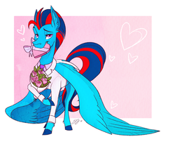 Size: 3651x3000 | Tagged: safe, artist:probablyfakeblonde, oc, oc only, oc:andrew swiftwing, pegasus, pony, chocolate, clothes, flirting, food, grin, heart, high res, looking at you, male, raised eyebrow, rose, smiling, solo, spread wings, suit, wings