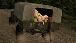 Size: 3000x1687 | Tagged: safe, artist:cykablyatcomrad, fluttershy, g4, 3d, cute, sleeping, source filmmaker, truck