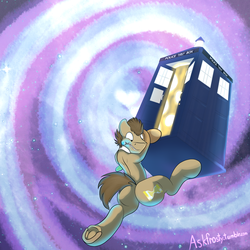 Size: 4000x4000 | Tagged: safe, artist:frostyb, doctor whooves, time turner, earth pony, pony, g4, bowtie, butt, doctor who, male, plot, scared, solo, sonic screwdriver, stallion, startled, tardis, time vortex, underhoof