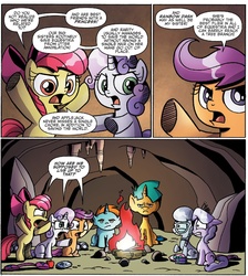 Size: 1304x1457 | Tagged: safe, artist:agnesgarbowska, idw, official comic, apple bloom, diamond tiara, scootaloo, silver spoon, snails, snips, sweetie belle, earth pony, pegasus, pony, unicorn, g4, spoiler:comic, spoiler:comic39, bag, binoculars, campfire, cave, colt, comic, cutie mark crusaders, female, filly, foal, male, saddle bag, sitting, speech bubble, stalactite