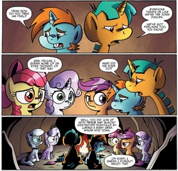 Size: 1303x1256 | Tagged: safe, artist:agnesgarbowska, idw, official comic, apple bloom, diamond tiara, scootaloo, silver spoon, snails, snips, sweetie belle, earth pony, pegasus, pony, unicorn, g4, spoiler:comic, spoiler:comic39, bag, binoculars, campfire, cave, colt, comic, cutie mark crusaders, female, filly, foal, male, saddle bag, sitting, speech bubble