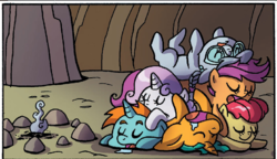 Size: 819x472 | Tagged: safe, artist:agnesgarbowska, idw, official comic, apple bloom, scootaloo, silver spoon, snails, snips, sweetie belle, earth pony, pony, unicorn, g4, spoiler:comic, spoiler:comic39, ash, bag, binoculars, campfire, colt, cropped, cuddle puddle, cuddling, cute, cutie mark crusaders, diasnails, diasnips, drool, eyes closed, female, filly, foal, male, on back, open mouth, pony pile, prone, saddle bag, silverbetes, sleeping, smiling, smoke
