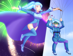 Size: 2500x1932 | Tagged: safe, artist:jonfawkes, trixie, human, g4, air ponyville, cape, clothes, commission, duality, falling, fireworks, goggles, humanized, imagination, jumpsuit, leotard, magician outfit, parachute, skydiving
