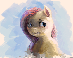 Size: 2984x2387 | Tagged: safe, artist:sharpieboss, fluttershy, g4, bust, female, gritted teeth, high res, looking away, looking sideways, portrait, smiling, solo