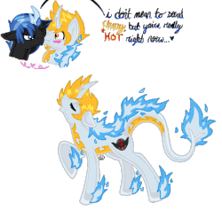 Size: 715x679 | Tagged: safe, artist:daringashia, oc, oc only, oc:flare, original species, animated, blushing, duo, duo male, dup, eyes closed, fiery tail, gay, kiss on the lips, kissing, male, oc x oc, pun, raised hoof, shipping, simple background, stallion, text, transparent background