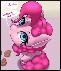 Size: 3600x4200 | Tagged: dead source, safe, artist:captainpudgemuffin, pinkie pie, earth pony, pony, g4, blatant lies, cookie, cookie thief, crumbs, cute, dialogue, diapinkes, female, fluffy, food, frown, high res, looking at you, looking up, looking up at you, perspective, sitting, solo