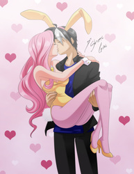Size: 2550x3300 | Tagged: safe, artist:shinta-girl, fluttershy, oc, oc:dhonder, human, g4, bunny suit, bunnyshy, canon x oc, clothes, commission, high heels, high res, humanized, kiss on the lips, kissing, leotard, playboy bunny, shipping