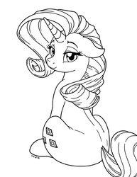 Size: 1275x1650 | Tagged: safe, artist:latecustomer, rarity, pony, unicorn, g4, female, horn, lineart, looking at you, looking back, looking back at you, mare, monochrome, simple background, sitting, solo, white background