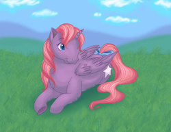 Size: 1150x888 | Tagged: safe, artist:thiscrispykat, baby ember (g1), alicorn, pony, g1, alicornified, female, race swap, solo