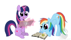 Size: 1099x617 | Tagged: safe, artist:humana58, rainbow dash, twilight sparkle, pegasus, pony, unicorn, g4, book, female, lesbian, looking down, magic, reading, ship:twidash, shipping, simple background, transparent background, unicorn twilight