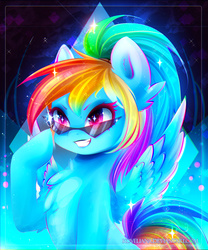 Size: 1574x1888 | Tagged: safe, artist:koveliana, rainbow dash, g4, alternate hairstyle, chest fluff, chromatic aberration, color porn, female, glasses, solo, starry eyes, wingding eyes