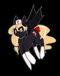 Size: 2384x3032 | Tagged: safe, artist:kai-loves-pie, oc, oc only, oc:nighthaunt, bat pony, pony, black background, clothes, female, hat, high res, nurse, nurse hat, simple background, socks, solo, stockings