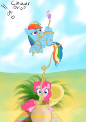 Size: 1061x1500 | Tagged: safe, artist:chaosdrop, pinkie pie, rainbow dash, g4, bondage, cupcake, food, musical instrument, rope, rope trick, snake charming, tuba