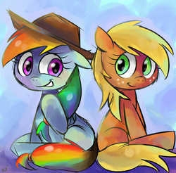 Size: 2000x1968 | Tagged: safe, artist:luna77899, applejack, rainbow dash, g4, alternate hairstyle, blank flank, female, filly, hat, lesbian, loose hair, ship:appledash, shipping