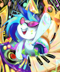 Size: 1820x2170 | Tagged: safe, artist:luna77899, dj pon-3, vinyl scratch, g4, epic, female, keyboard, musical instrument, psychedelic, solo, surreal, turntable