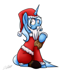 Size: 2998x3260 | Tagged: safe, artist:tsand106, trixie, pony, unicorn, g4, beard, christmas, clothes, cookie, facial hair, female, food, hat, high res, holiday, mare, santa claus, santa costume, santa hat, solo