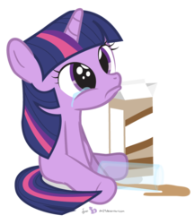 Size: 650x750 | Tagged: safe, artist:dm29, twilight sparkle, pony, unicorn, g4, chocolate, chocolate milk, crying, crylight sparkle, cute, everything is ruined, female, filly, filly twilight sparkle, food, frown, julian yeo is trying to murder us, looking up, meme, milk, pouting, pure unfiltered evil, sad, sadorable, simple background, sitting, solo, spilled milk, transparent background, twiabetes, twily, unicorn twilight, whimpering, young, young twilight, younger