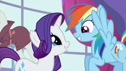 Size: 1280x720 | Tagged: safe, screencap, rainbow dash, rarity, g4, rarity investigates, canterlot carousel, excited, flying