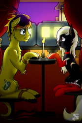 Size: 960x1440 | Tagged: safe, artist:justafallingstar, oc, oc only, oc:equanimous cosmos, oc:nighthaunt, bat pony, pony, candle, chromatic aberration, clothes, date night, female, male, romantic, socks, stockings, straight, train