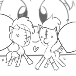 Size: 697x697 | Tagged: safe, artist:tjpones, oc, oc only, pony, doll, grayscale, heart, monochrome, now kiss, ponies playing with ponies, shipper on deck, shipping, toy