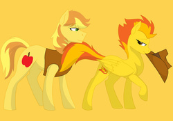 Size: 700x488 | Tagged: safe, artist:colourstrike, braeburn, spitfire, earth pony, pegasus, pony, g4, accessory theft, duo, female, male, mare, mouth hold, raised hoof, seduction, shipping, simple background, spitburn, stallion, straight, tail seduce, yellow background