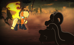 Size: 7376x4560 | Tagged: dead source, safe, artist:queenoftheshrimp15, applejack, chimera sisters, chimera, g4, somepony to watch over me, absurd resolution, boots, confrontation, fire, fireproof boots, multiple heads, saddle bag, swamp, three heads