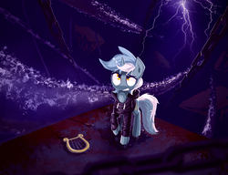 Size: 1920x1477 | Tagged: safe, artist:shovrike, lyra heartstrings, pony, unicorn, fanfic:background pony, g4, chains, clothes, dig the swell hoodie, fanfic art, female, hoodie, lightning, lyre, musical instrument, solo, unsung realm