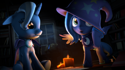 Size: 1920x1080 | Tagged: safe, artist:argodaemon, princess luna, trixie, pony, unicorn, g4, 3d, accessory swap, candle, cute, diatrixes, female, filly, library, lunabetes, mare, night, source filmmaker, woona
