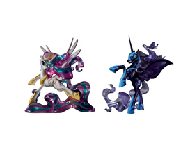 Size: 6000x5637 | Tagged: source needed, safe, nightmare moon, princess celestia, g4, absurd resolution, ethereal mane, fan series, female, guardians of harmony, irl, photo, simple background, toy, white background