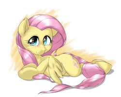 Size: 1000x800 | Tagged: safe, artist:ushiro no kukan, fluttershy, g4, cute, female, looking at you, lying down, prone, solo, sploot