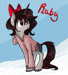 Size: 1988x2196 | Tagged: safe, artist:pageturner8, oc, oc only, oc:ruby, clothes, hoodie, snow, snowfall, solo, winter