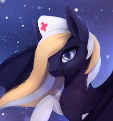 Size: 700x752 | Tagged: safe, artist:rodrigues404, oc, oc only, oc:nighthaunt, bat pony, pony, clothes, female, hat, nurse, nurse hat, portrait, socks, solo, stockings